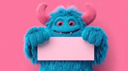 Adorable fluffy blue monster holding pink banner with copy space and smiling isolated over pink background for design