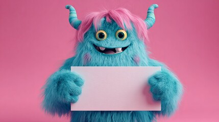 Fototapeta premium Cheerful fluffy blue monster holding a blank white sign against a vibrant pink background studio shot.