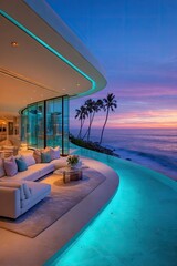 Fototapeta premium A stunning modern beachfront home boasts a curved infinity pool that seamlessly blends with the ocean view at sunset.