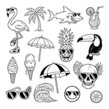 Summer beach vacation icons flamingo pineapple toucan shark sunglasses ice cream palm trees paraso vector