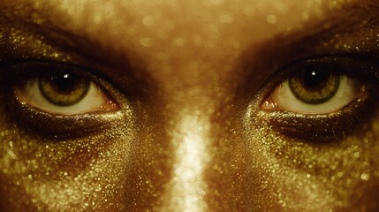 Naklejka premium Close-up of intense green eyes with golden glitter makeup. Mysterious and alluring beauty concept for cosmetic advertisement or fantasy character design
