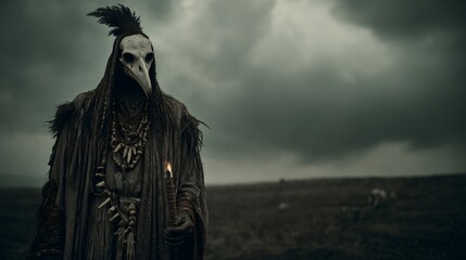 Plague doctor costume in desolate field under stormy sky. Dark gothic horror concept. Halloween character design. Eerie medieval medical history reenactment.