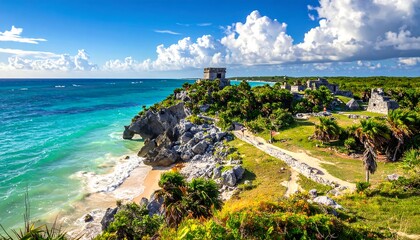 Obraz premium A vibrant coastal landscape showcases ancient Mayan ruins nestled amongst lush greenery and a turquoise ocean.