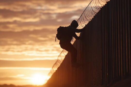 A silhouette of an individual climbing a barbed-wire fence during sunset, symbolizing the challenges of migration and borders in a dramatic landscape.