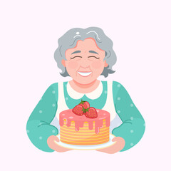 Elderly woman, a smiling grandmother in white apron holding homemade cake with strawberry and creamy topping. For food design, recipe books, vector illustration