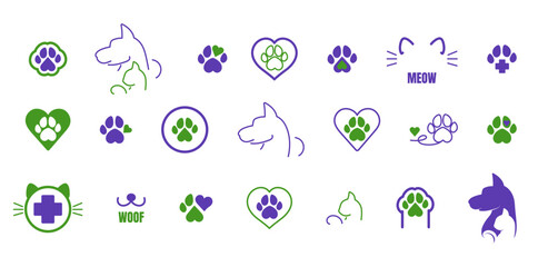 Pet friendly two-tone icon set. Dog and Cat Pet Shop, veterinary. Vector purple and green logotype, illustration.
