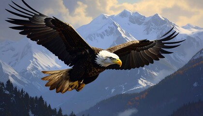 Obraz premium A majestic bald eagle soars above snow-capped mountains, its powerful wings spanning a breathtaking vista of nature.