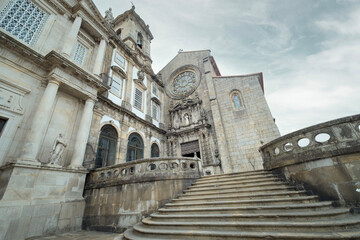 Main facade and steps of the Church of St. Francisco in Baixa, Porto, Portugal