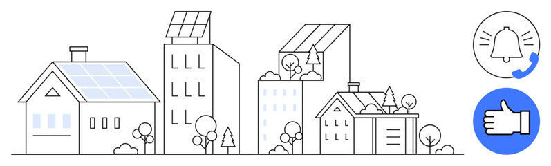 Residential and urban buildings with solar panels, trees, and icons for alerts and approval. Ideal for sustainability, renewable energy, smart living, green architecture, eco-awareness, urban