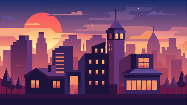 A tranquil cityscape at dusk the bright lights of buildings competing with the subtle colors of the setting sun.