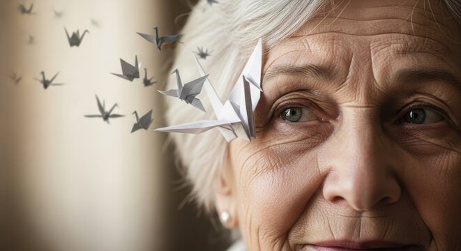 Elderly woman with white hair close up. Her thoughtful gaze reflects memory loss. Paper cranes flying away symbolize Alzheimer's dementia, cognitive decline, aging brain.