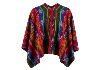 Vibrant multicolored poncho, featuring intricate patterns and stripes, displayed against a dark backdrop.