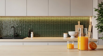 Freshly squeezed orange juice in a modern kitchen with stylish green tile and wooden accents for a healthy lifestyle