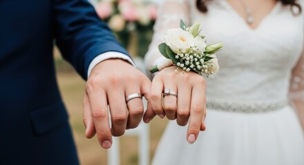 Bride and groom display wedding rings with floral corsage in outdoor ceremony