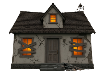 A dilapidated, weathered house with boarded-up windows glows faintly in the dark night.