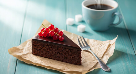 Slice of rich chocolate cake topped with glossy ganache and fresh red currants. Served on parchment paper with a fork, next to a steaming cup of black coffee.