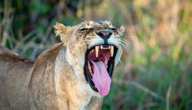 Lioness yawning in nature