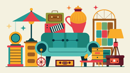Naklejka premium A treasure trove of vintage goods awaits at the city flea market where collectors can find everything from antique furniture to retro fashion.