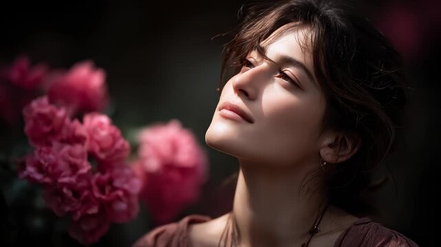 Tranquil Woman Immersed in Floral Fragrance Under the Sun