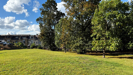 Sunlit park with lush grass and tall trees, set against charming houses and a cloud dappled blue sky near Shearbridge Road, Bradford, Yorkshire, UK
