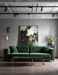 Modern interior design of a living room with concrete grey walls and colourful sofa, artwork, plants, lamps and rug. Essentials for good design. Male bachelor pad oriented design