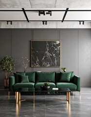 Modern interior design of a living room with concrete grey walls and colourful sofa, artwork, plants, lamps and rug. Essentials for good design. Male bachelor pad oriented design