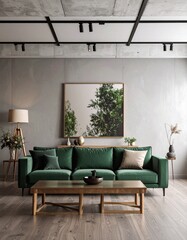 Modern interior design of a living room with concrete grey walls and colourful sofa, artwork, plants, lamps and rug. Essentials for good design. Male bachelor pad oriented design