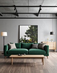 Modern interior design of a living room with concrete grey walls and colourful sofa, artwork, plants, lamps and rug. Essentials for good design. Male bachelor pad oriented design