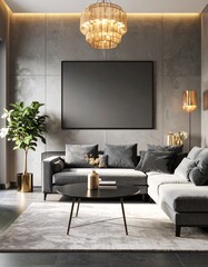 Modern interior design of a living room with concrete grey walls and colourful sofa, artwork, plants, lamps and rug. Essentials for good design. Male bachelor pad oriented design