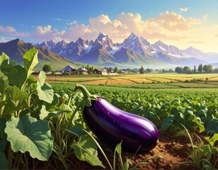 Vibrant eggplant in picturesque mountain landscape during golden hour Generative AI