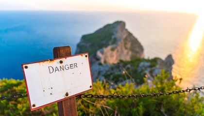 A scenic landscape with a danger sign overlooking the ocean and rocky cliffs