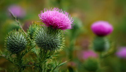 thistle flowers close up on blurred field background