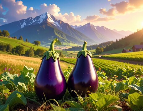 Two eggplants nestled in a vibrant green landscape with mountains at sunset Generative AI