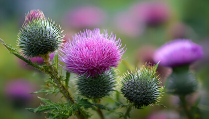 thistle flowers close up on blurred field background