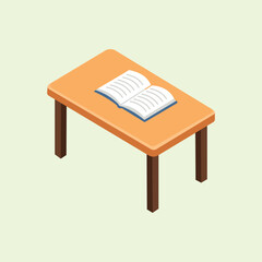 Isometric illustration of a wooden table with an open book on it, depicting an atmosphere of studying, reading, and educational activities.