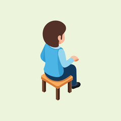 Isometric illustration of a boy sitting on a small wooden chair in blue clothes, depicting a learning atmosphere or school activities.