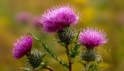 thistle flowers close up on blurred field background