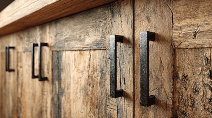 Rustic wooden cabinet showcasing black metal handles with aged wood texture and natural grain for interiors