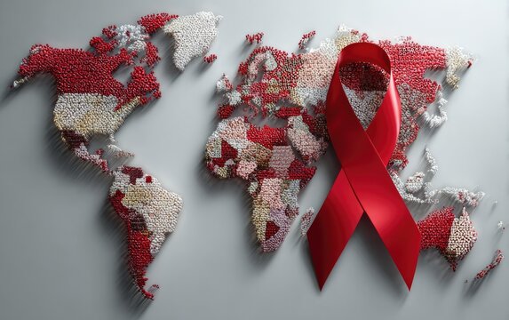 Global map textured with countless shapes, featuring a prominent red awareness ribbon, symbolizing vital support, solidarity, and health for HIV, AIDS, and aging populations worldwide.