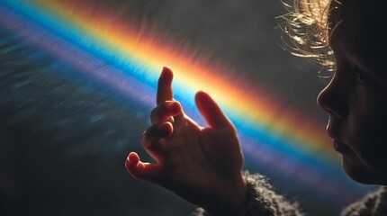 A child reaches out to touch a vibrant rainbow against a dark background in a close up view