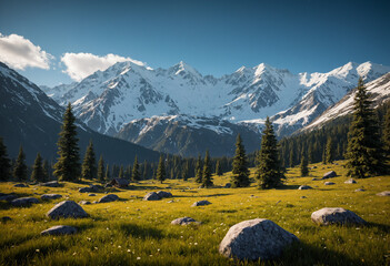 Fototapeta premium 3D Game Asset peaceful meadow in the mountains with snow-capped peaks in the background