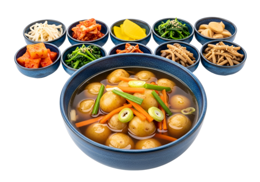 A colorful array of Korean side dishes with a hearty potato soup, served in a grouping of small, matching, blue ceramic bowls.