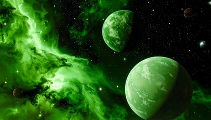 A vivid space scene featuring planets against an ethereal green nebula