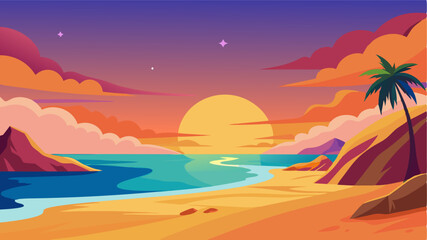 As the day draws to a close the sandy beach is transformed into a warm oasis with the rich colors of the sunset casting a magical spell over the landscape.