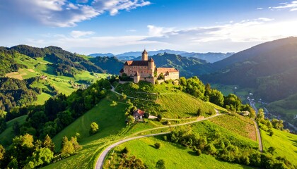 Aerial View of Wildegg Castle nestled in Lush Green Hills of Switzerland