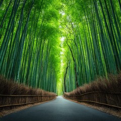A vibrant pathway winds through a dense bamboo forest, showcasing a verdant tunnel of towering stems.