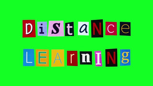 Distance learning phrase compiled from rectangle pieces of paper with printed colorful letters on alpha channel background. Cartoon style template for making logo with the title about remote teaching.