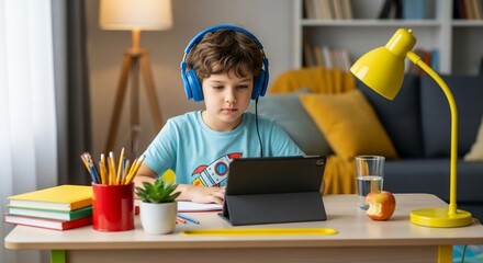 Smart Student at Desk: A focused young student with blue headphones, deeply engrossed in his studies using a tablet on his desk at home, creating a vibrant educational environment.