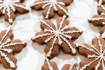 Decorating Snowflake Chocolate Ginger Sugar Cookies with Royal Icing and Sugar Crystals