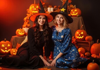 Two smiling women dressed as witches sitting together surrounded by pumpkins and halloween decorations